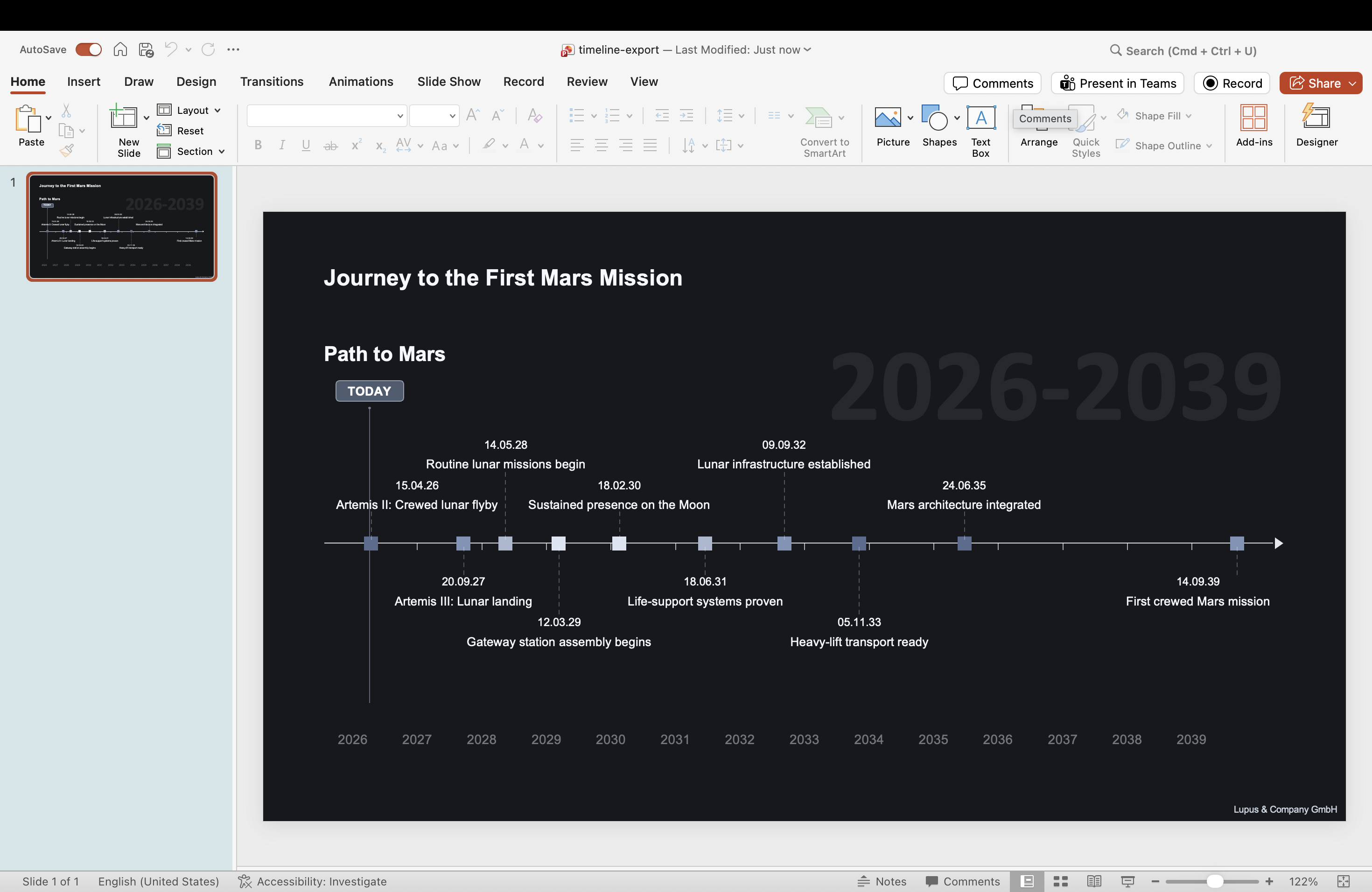 PowerPoint output: Journey to the First Mars Mission milestone timeline on dark background.